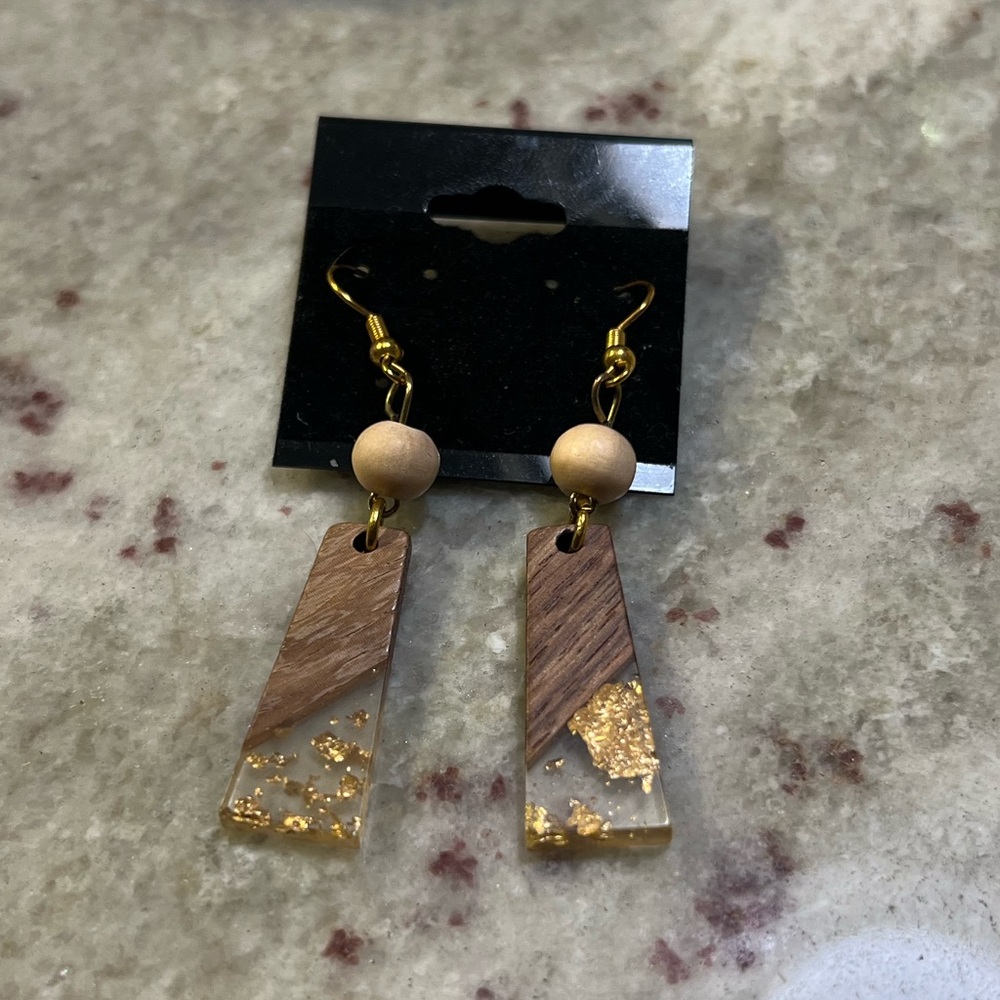 Handmade Wood‎ and Gold Leaf Resin Drop Earrings Geometric Boho Dangle Jewelry